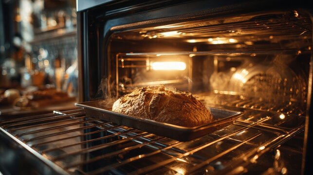 Close-up photograph of bread baking inside a warm oven, amber glow on metal racks and rising steam