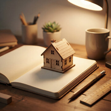 Miniature house model on open blank notebook with coffee mug on desk