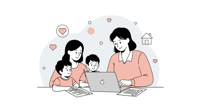Two mothers and children learning together on a laptop at home, modern flat illustration style with hearts and house icon.