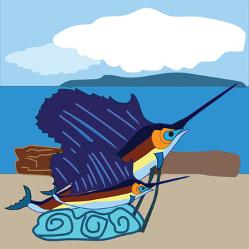 Blue Marlin on Coastal Rock at Pak Bara Beach, Andaman Sea, Satun Thailand Vector Illustration
