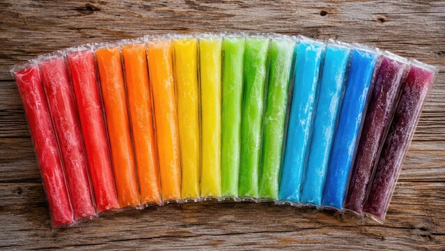 Rainbow array of individually wrapped tubular freeze pops laid in an arc on a rustic wooden background