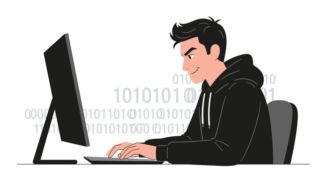 Young Hacker in Hoodie Working on Computer with Binary Code Background