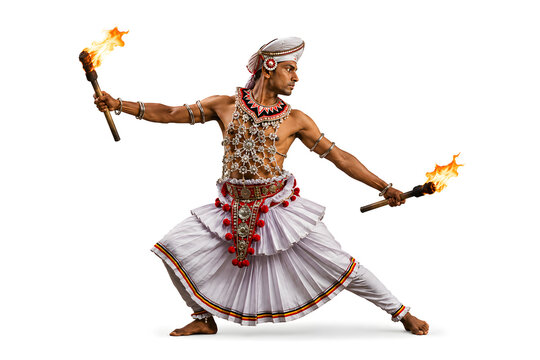 Traditional Sri Lankan Esala Perahera Fire Dancer Performing with Flaming Torches Isolated on White Background