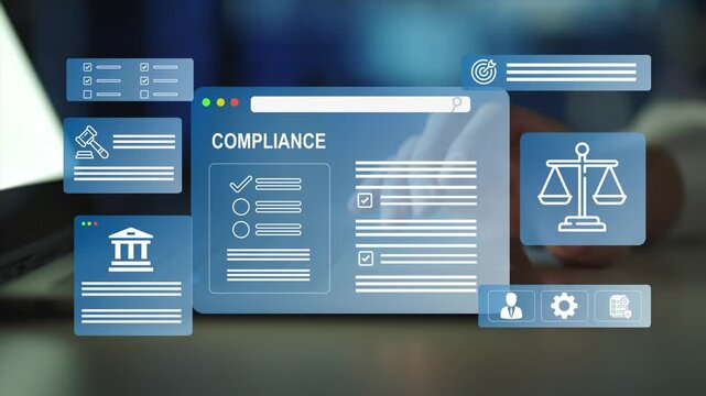 Digital compliance documents on laptop. Legal regulation, corporate governance, audit, risk management, and data protection concept.