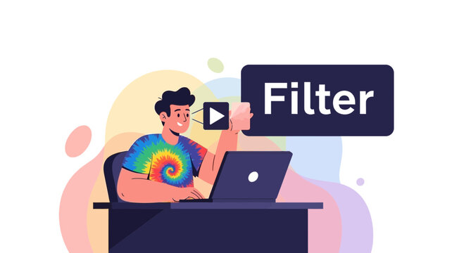 Young man using laptop and phone with 'Filter' text and play button overlay, representing social media, content creation, and digital communication.