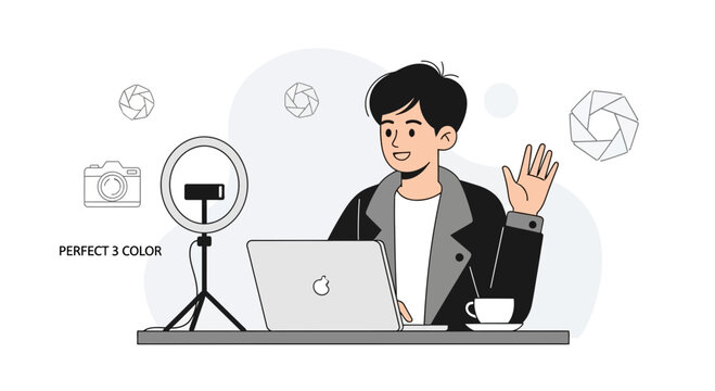 Young man vlogging with ring light and laptop, modern content creation setup illustration