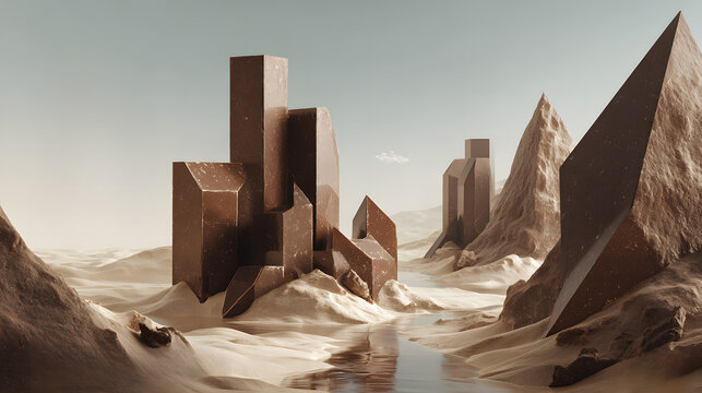 surreal chocolate monolith landscape in desert oasis