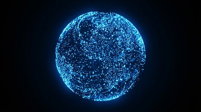 3D Sphere made of flying blue nanoparticles on black background. Abstract concept of nanotechnology, particle physics or futuristic energy source