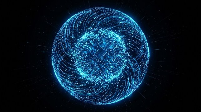 3D Sphere made of flying blue nanoparticles on black background. Abstract concept of nanotechnology, particle physics or futuristic energy source