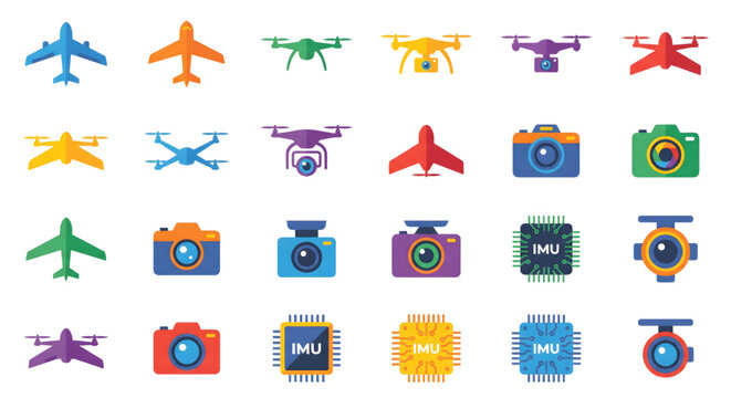 Drone technology and aerial photography flat vector icon set, Unmanned aerial vehicles (UAVs), airplanes, digital cameras, and IMU sensor microchips on a clean background.