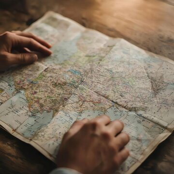 Hands selecting destinations and making travel decisions using maps and navigation concepts.