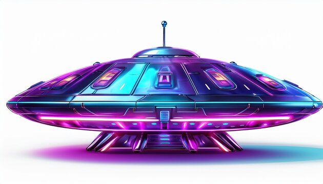 futuristic glowing saucer shaped ufo spacecraft with purple and blue lights and an antenna isolated on white background