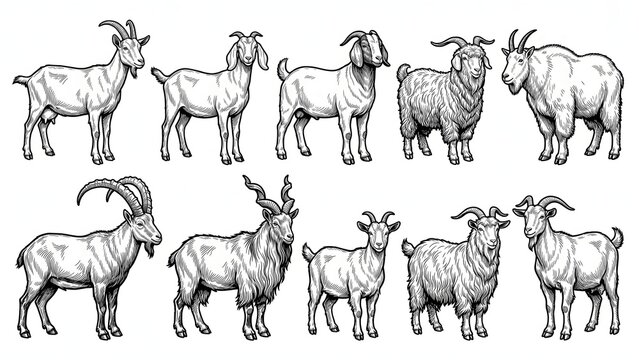 Domestic and Wild Goats Collection Hand Drawn Vector Illustration Set Isolated on White Background