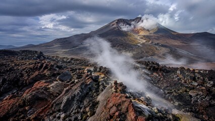 Fototapeta premium Active volcanic landscape with steaming fumaroles, rugged lava fields and a smoking crater beneath a dramatic cloudy sky