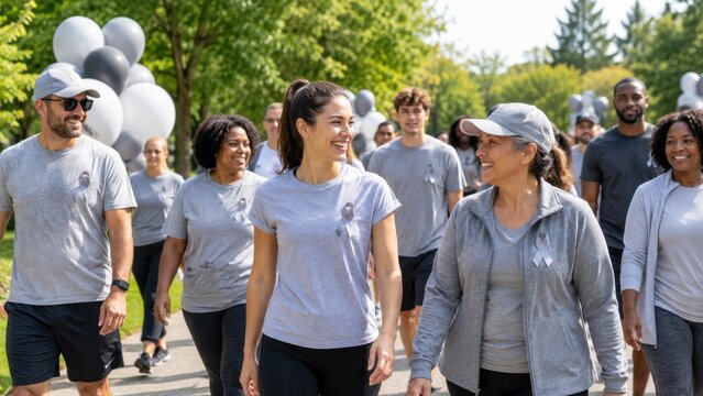 Diverse group of volunteers walking in a park wearing matching gray shirts and ribbons for an awareness charity walk