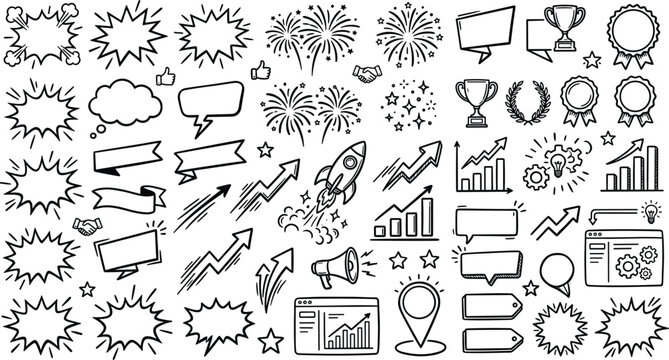 Hand drawn business growth icons comic speech bubbles rocket fireworks trophies ribbons star award marketing doodle vector set