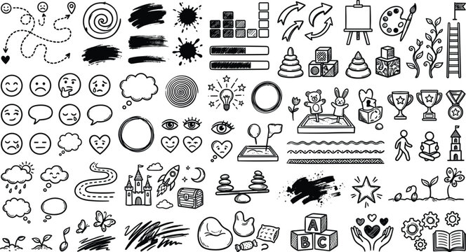 Hand drawn education childhood icons emoticons progress charts trophy toys school growth brush strokes doodle sketch vector set