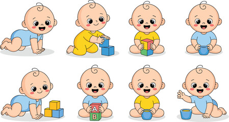 Naklejka premium Cute Cartoon Baby Character Collection Playing with Toy Blocks and ABC Cubes for Infant Development, Childcare, and Toddler Education Vector Designs