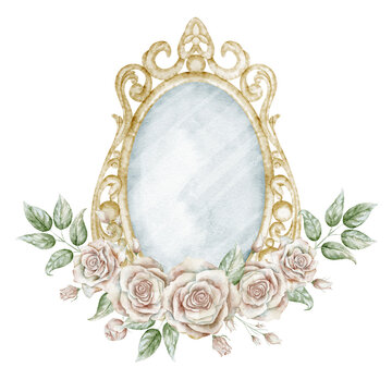 Mirror watercolor illustration. Ornate wrought vintage element with blooming roses and leaves. Romantic floral object on isolated background for wedding invitations in Victorian or baroque style.