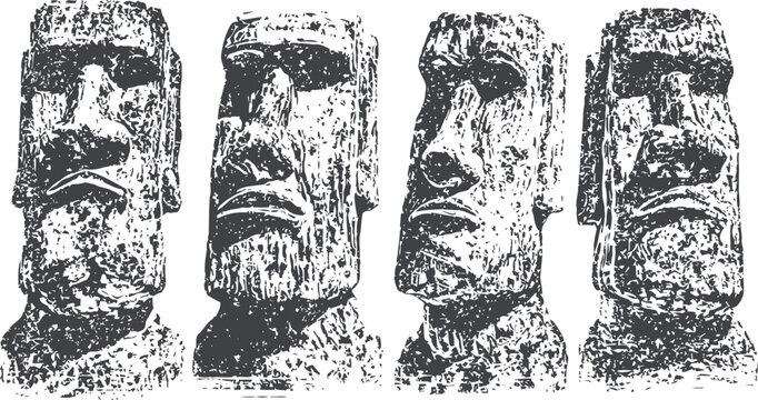 Four stylized easter island moai heads illustration ancient stone statues black and white vector art