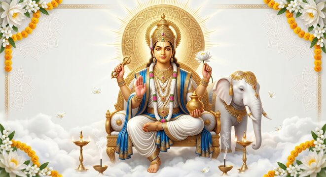 Lord dhanvantari sitting on golden throne with white elephant and lotus flowers for traditional ayurveda and hindu spiritual festival celebration background