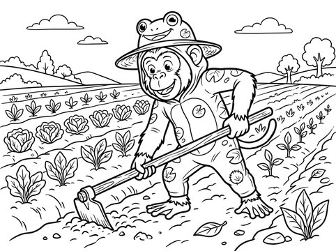 Happy Monkey Farmer in Frog Costume Cultivating Garden Rows