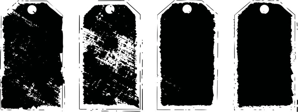 Grunge black vintage price tags with weathered texture and hole for string attachment