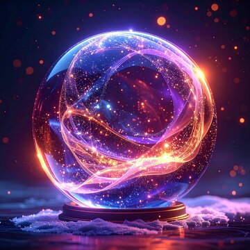 A crystal ball glows with swirling purple, blue, and orange lights on a snowy base
