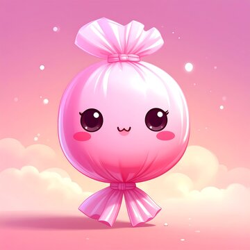 A cute pink cartoon candy character with a bow on its head
