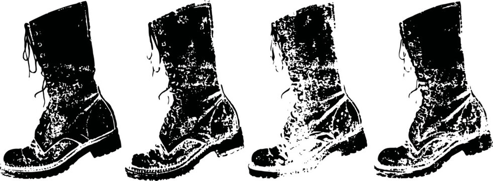 worn black combat boots in grunge multiple exposure effect with distressed texture