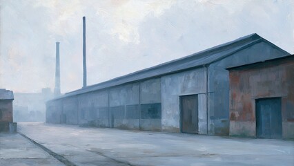 Fototapeta premium 霧に包まれた日本の旧工場と煙突の風景 油彩風イラスト 背景素材