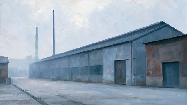 霧に包まれた日本の旧工場と煙突の風景 油彩風イラスト 背景素材