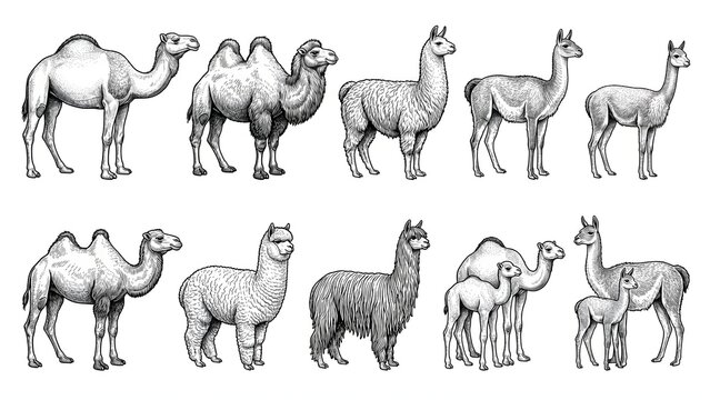 Camels Llamas and Alpacas Collection Hand Drawn Vector Illustration Set Isolated on White Background