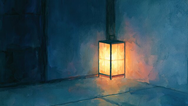 静かな和室を照らす行灯ランプ 水彩風イラスト 背景素材