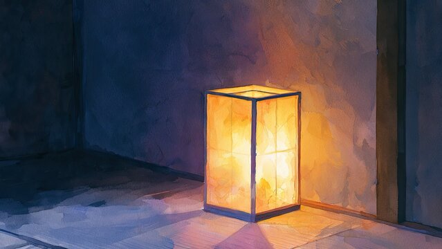 和室に置かれた暖かな行灯ランプ 水彩風イラスト 背景素材
