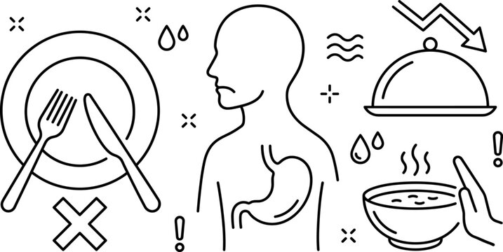 Loss of Appetite and Hunger Line Icon Set with Empty Plate Stomach Ache Food Refusal and Fasting Symbols for Medical Health Graphic Designs