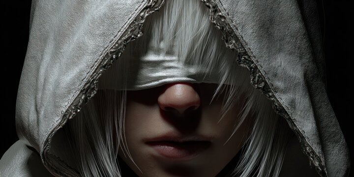 Person in hooded cloak with white hair and blindfold dark dramatic lighting