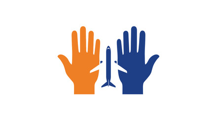 Fototapeta premium Orange and blue hands with airplane silhouette in negative space