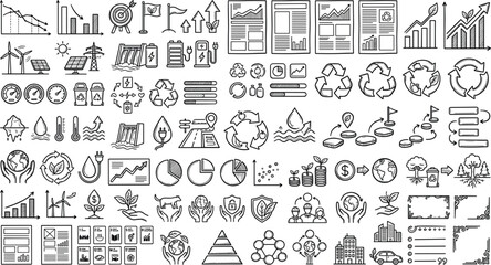 Hand drawn green energy ecology icons sustainability charts ESG recycling solar panel wind turbine eco business doodle sketch vector set © Sukhi