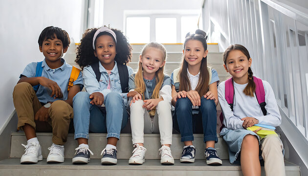 Diverse group of smiling elementary school children sitting on stairs with backpacks, concept for education, friendship, and back to school.
