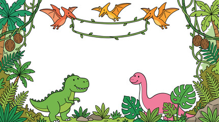 Prehistoric dinosaur jungle frame background template featuring cute cartoon tyrannosaurus rex brachiosaurus flying pterodactyls palm trees tropical leaves and copy space vectors © MdMahfizur