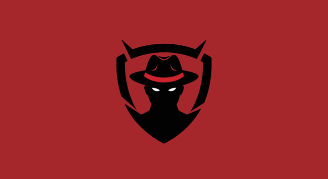Mysterious hacker mascot logo on red shield background