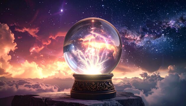 A crystal ball on a decorative stand showing a galaxy scene with clouds and stars