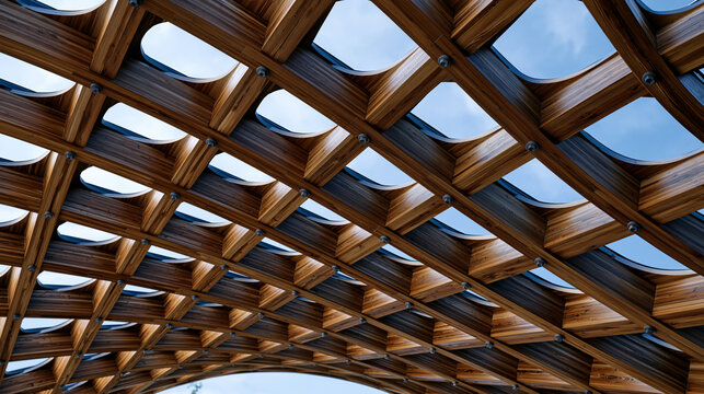 Hyperbolic paraboloid timber gridshell roof structure viewed from below as pure surface study, laminated larch lattice members following principal stress trajectories across the anticlastic form, na