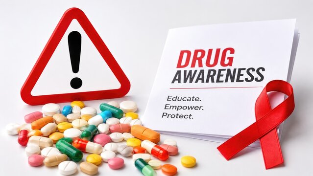 Pamphlet titled Drug Awareness beside a pile of assorted pills, a red warning triangle and a red awareness ribbon urging medication safety and substance abuse prevention