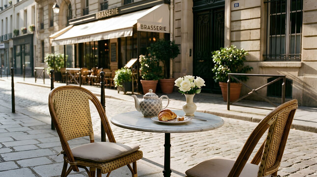 Elegant outdoor seating of a classic french sidewalk cafe in paris with a marble table, wicker chairs, and a ceramic teapot.