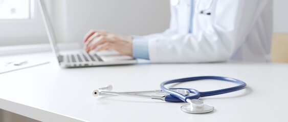 Closeup of blue stethoscope is lying on the table near female doctor working on laptop,...