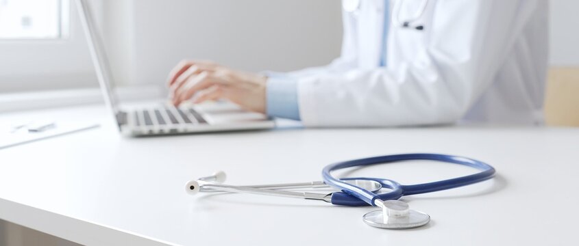 Closeup of blue stethoscope is lying on the table near female doctor working on laptop, highlighting digital tools transforming healthcare diagnostics and patient documentation. Medicine concept