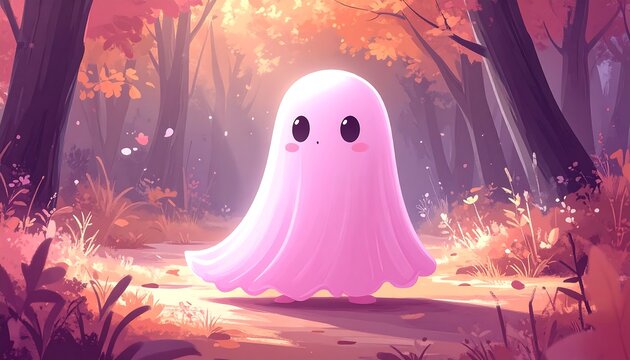 A cute pink ghost with big eyes stands on a forest path