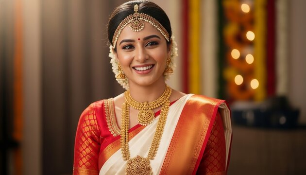 Woman in traditional indian attire with gold jewelry and red bindi on forehead